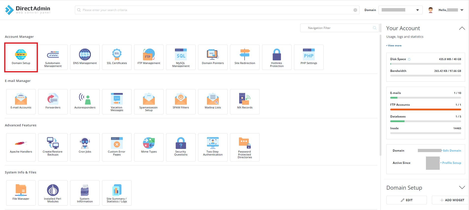 DirectAdmin change domain name step 1