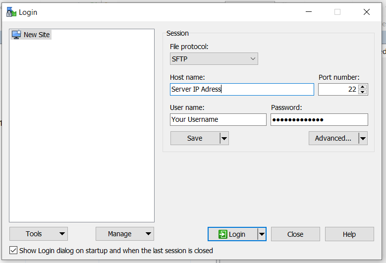 WinSCP login screen